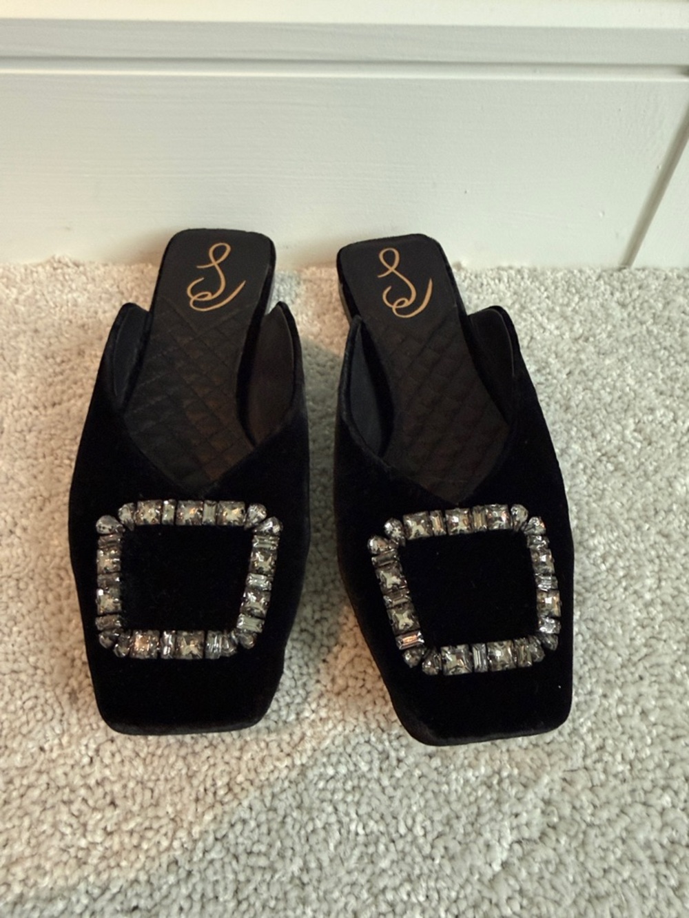 Sam Edelman Black Velvet Mules with Crystal Square Buckles